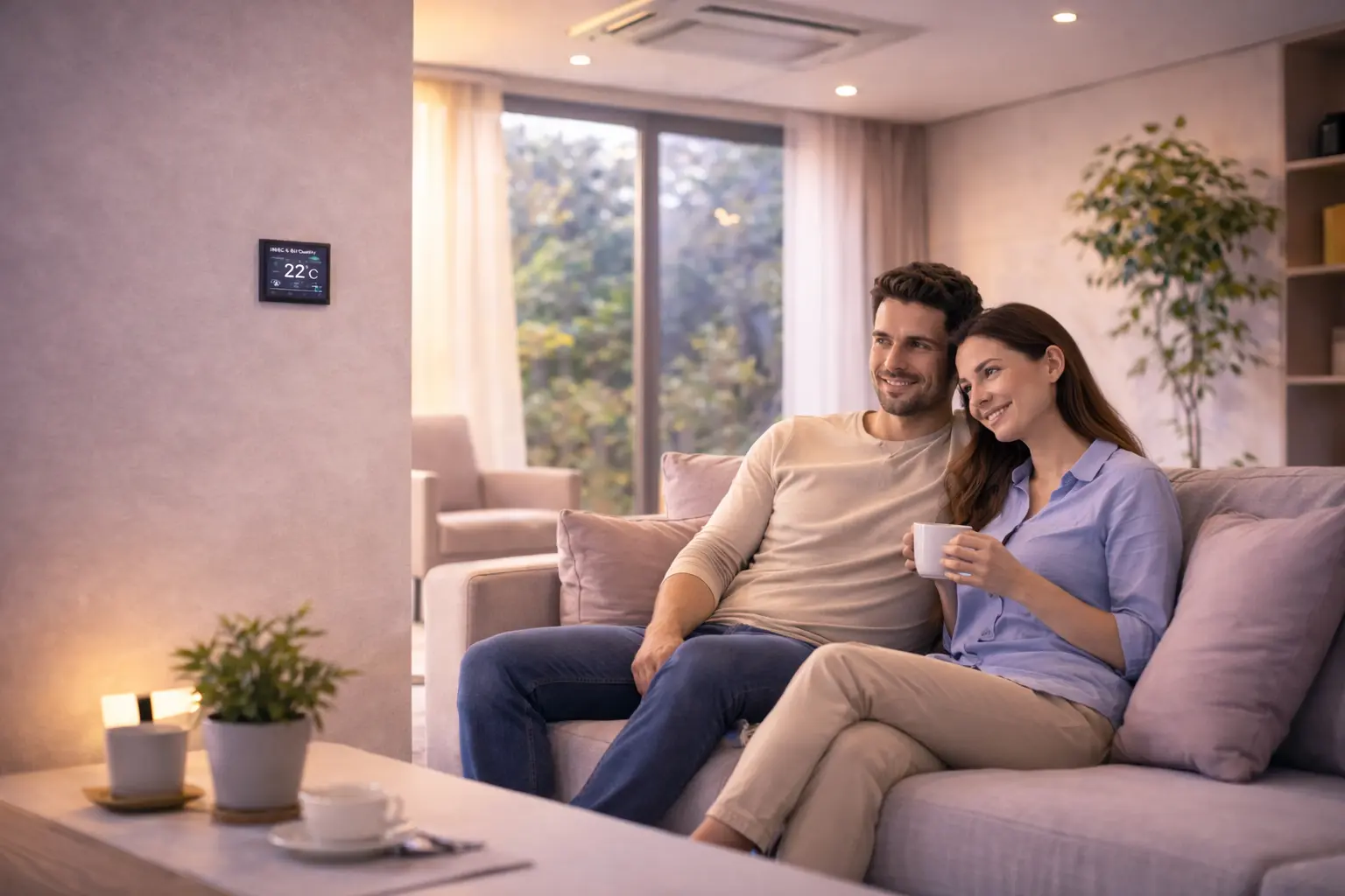 A couple enjoying a comfortable smart home living space in Cyprus.