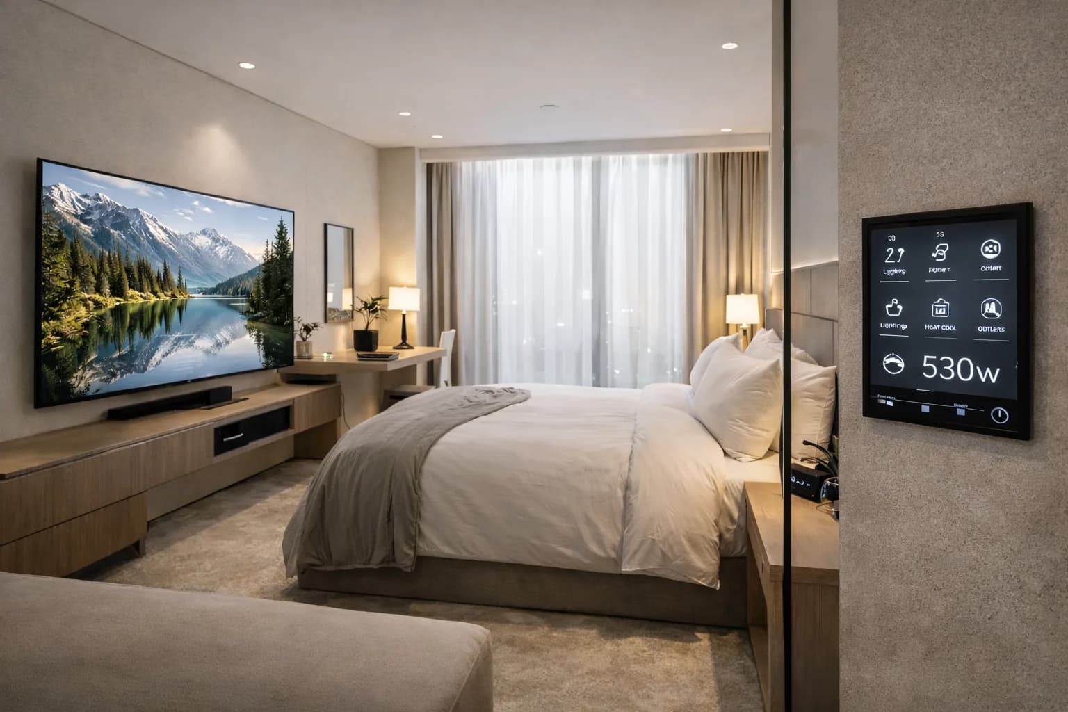 A guest bedroom with warm smart lighting scenes.