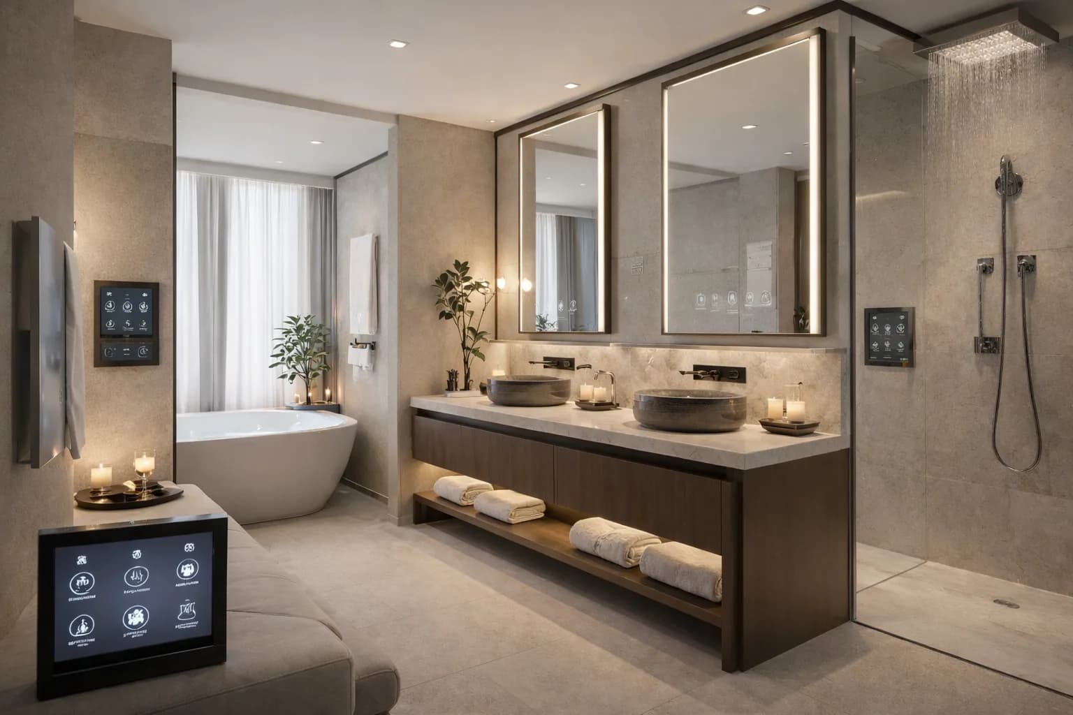 A smart hotel control panel showing climate and room controls.