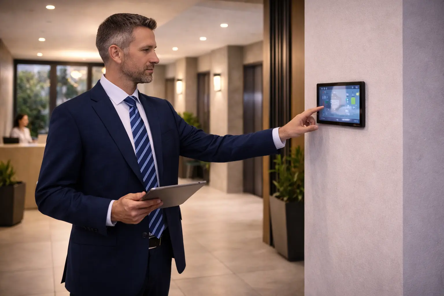 A smart home touchscreen interface representing centralized monitoring and control.