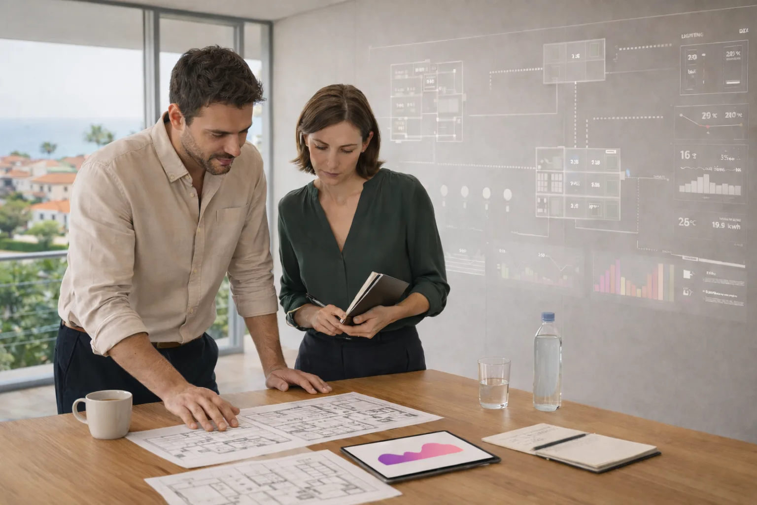 A smart meeting room with coordinated lighting and climate.