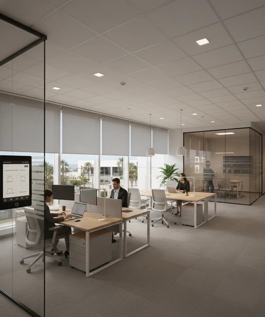 Automated blinds providing daylight and glare control.