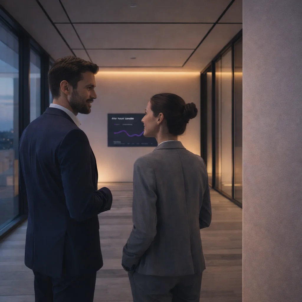 A modern office setting with controlled smart lighting.