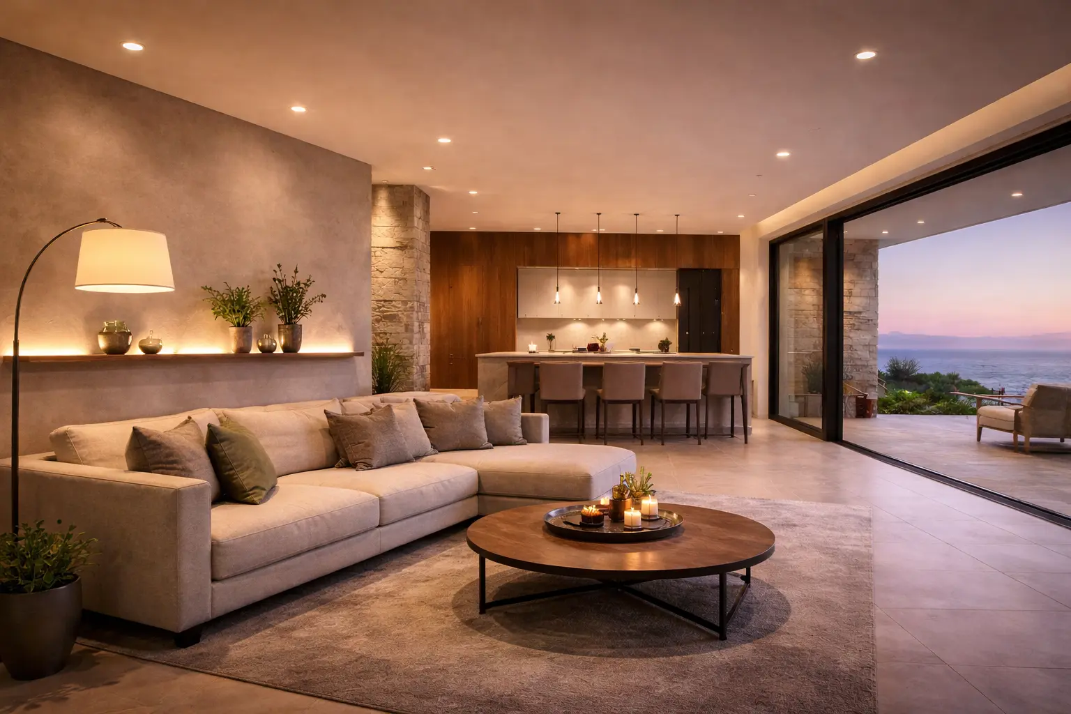 A smart home lighting scene demonstrating modern controls and ambience.