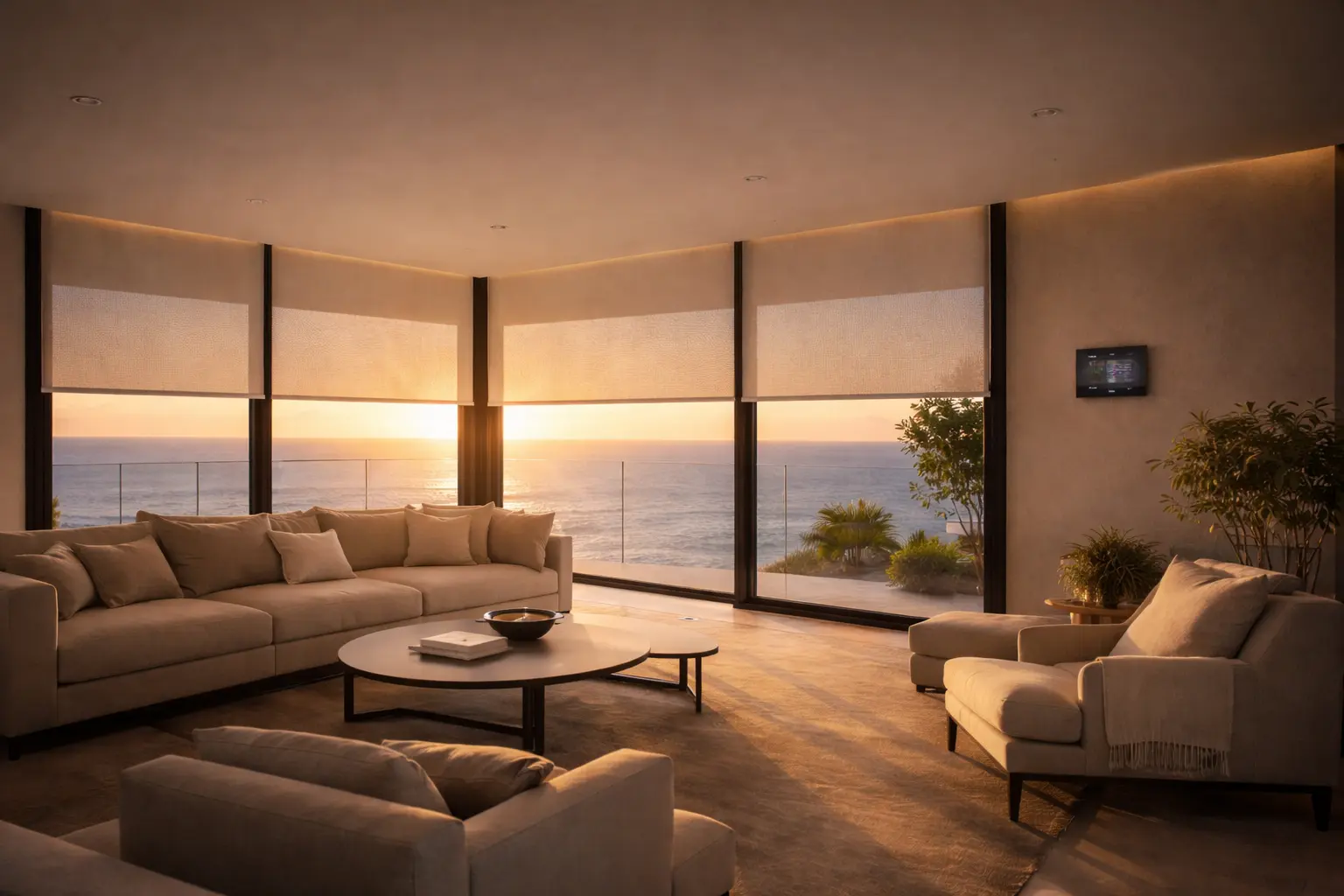 Smart blinds with daylight control reducing glare and improving energy efficiency.