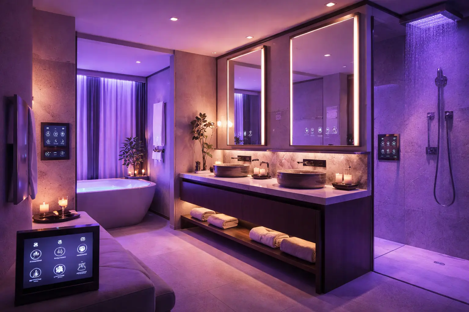 A hotel bathroom with smart lighting.