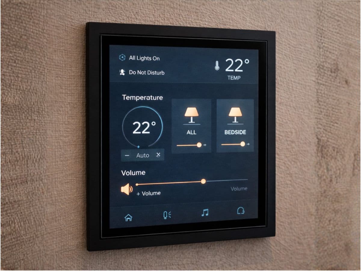 A smart control panel used for secure access and room controls.