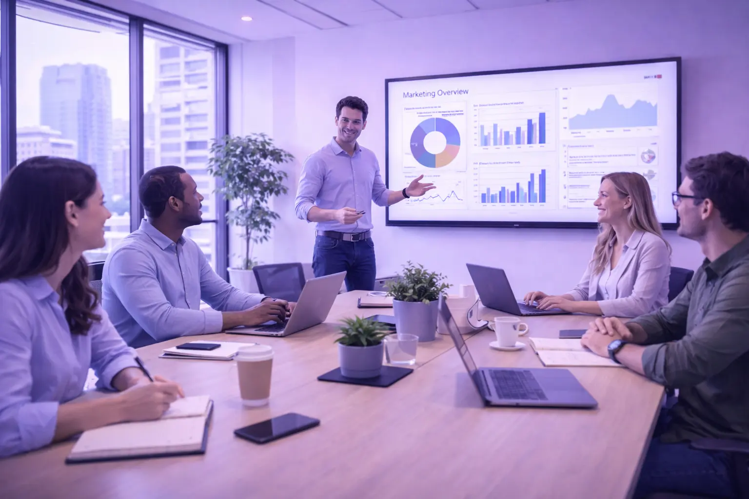 A modern meeting room with smart lighting.