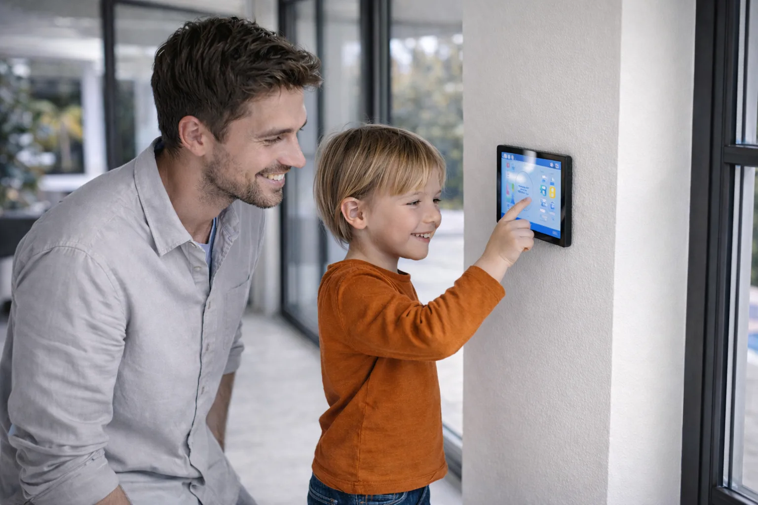 A smart home touchscreen control panel showing a modern interface.