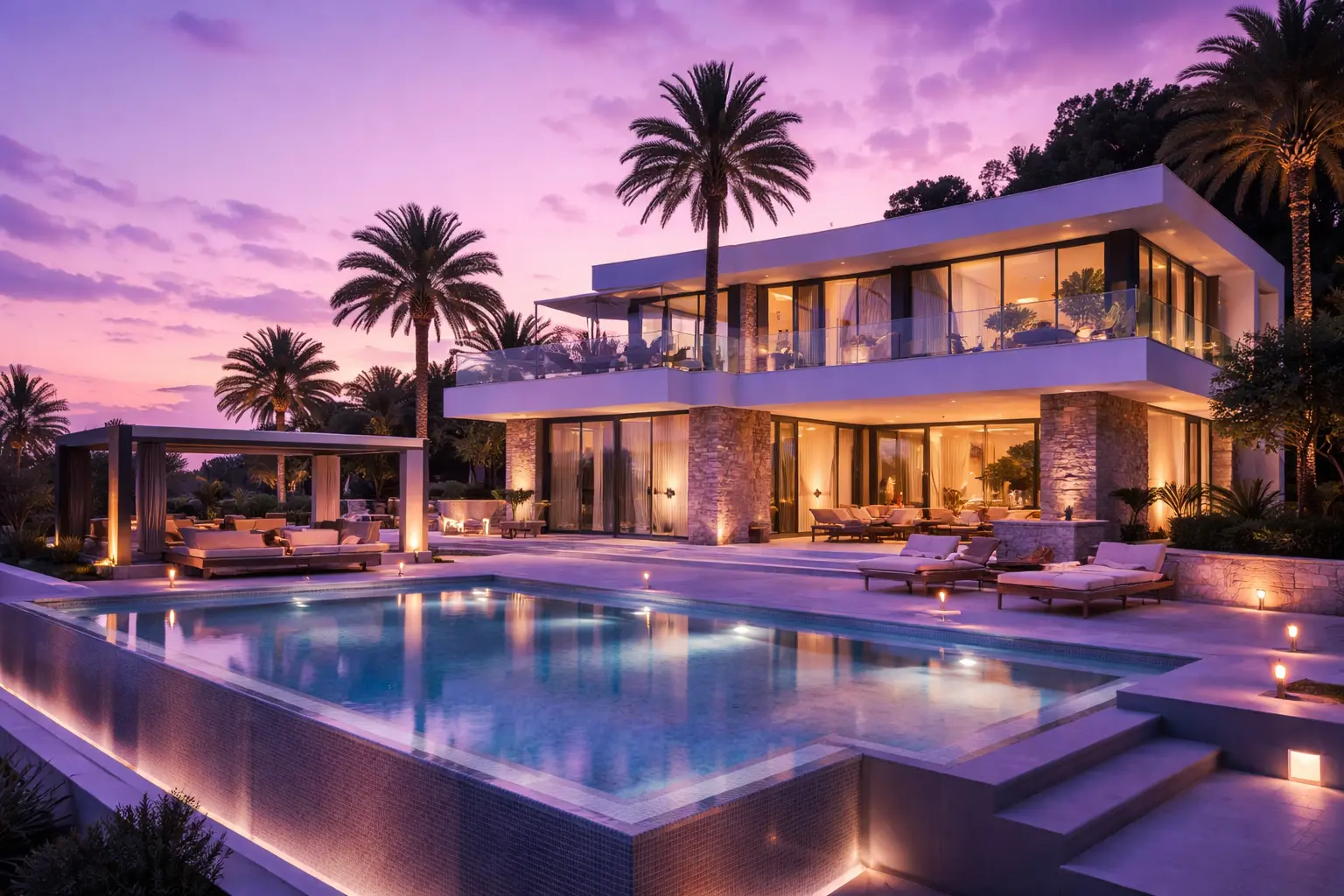 An outdoor view of a modern property with pool, representing premium smart living.