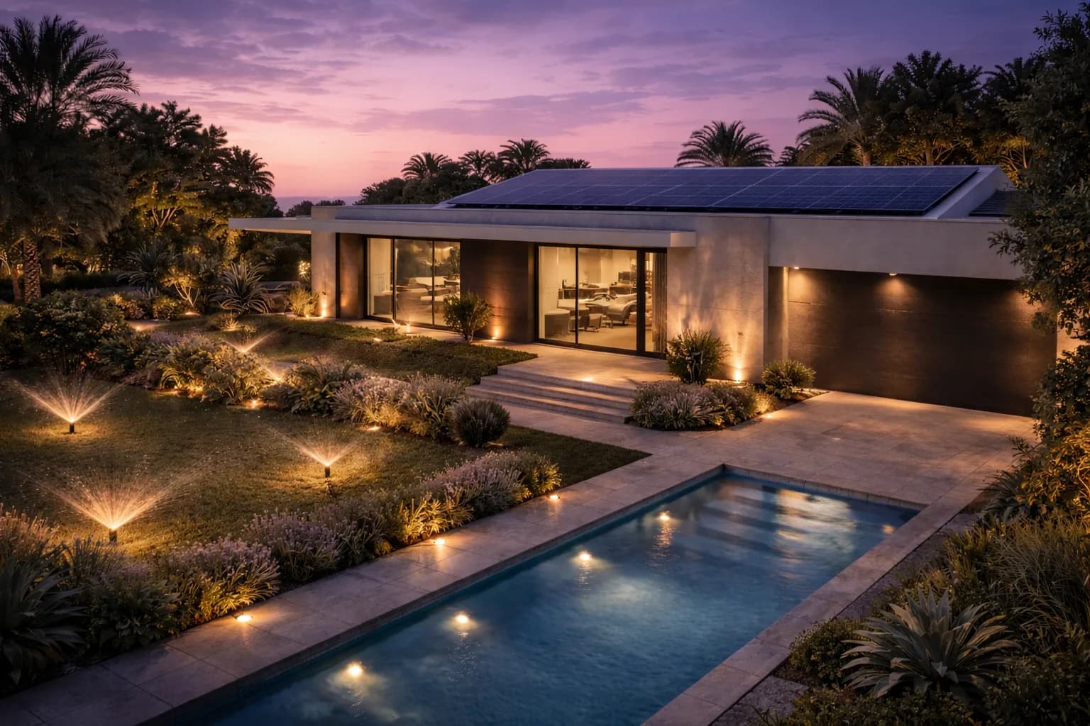 A smart irrigation sprinkler system operating in a landscaped garden.