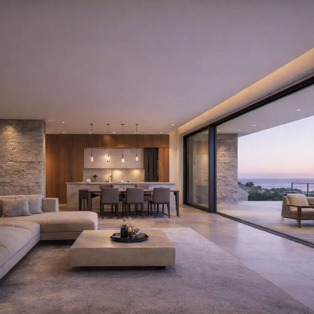 A modern living space with smart ambient lighting creating a warm atmosphere.