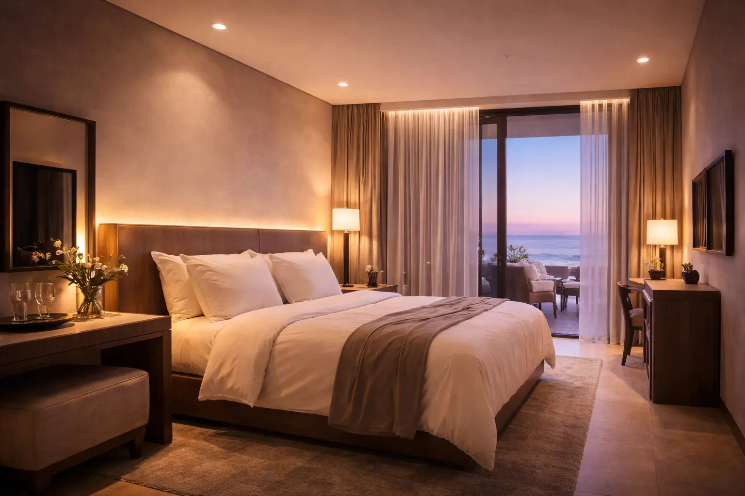 A modern guest bedroom with layered smart lighting.